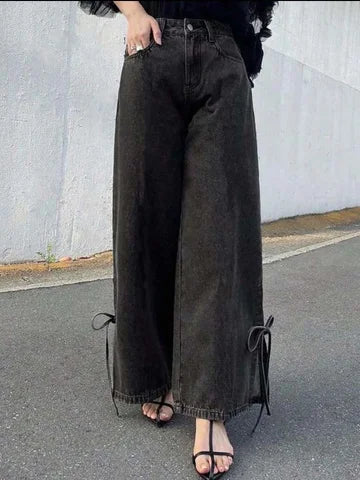 High Waist Washed Black Bow Straight Leg Jeans 1