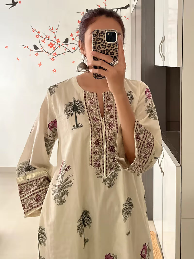 White Printed Cotton Kurta with Pants 2