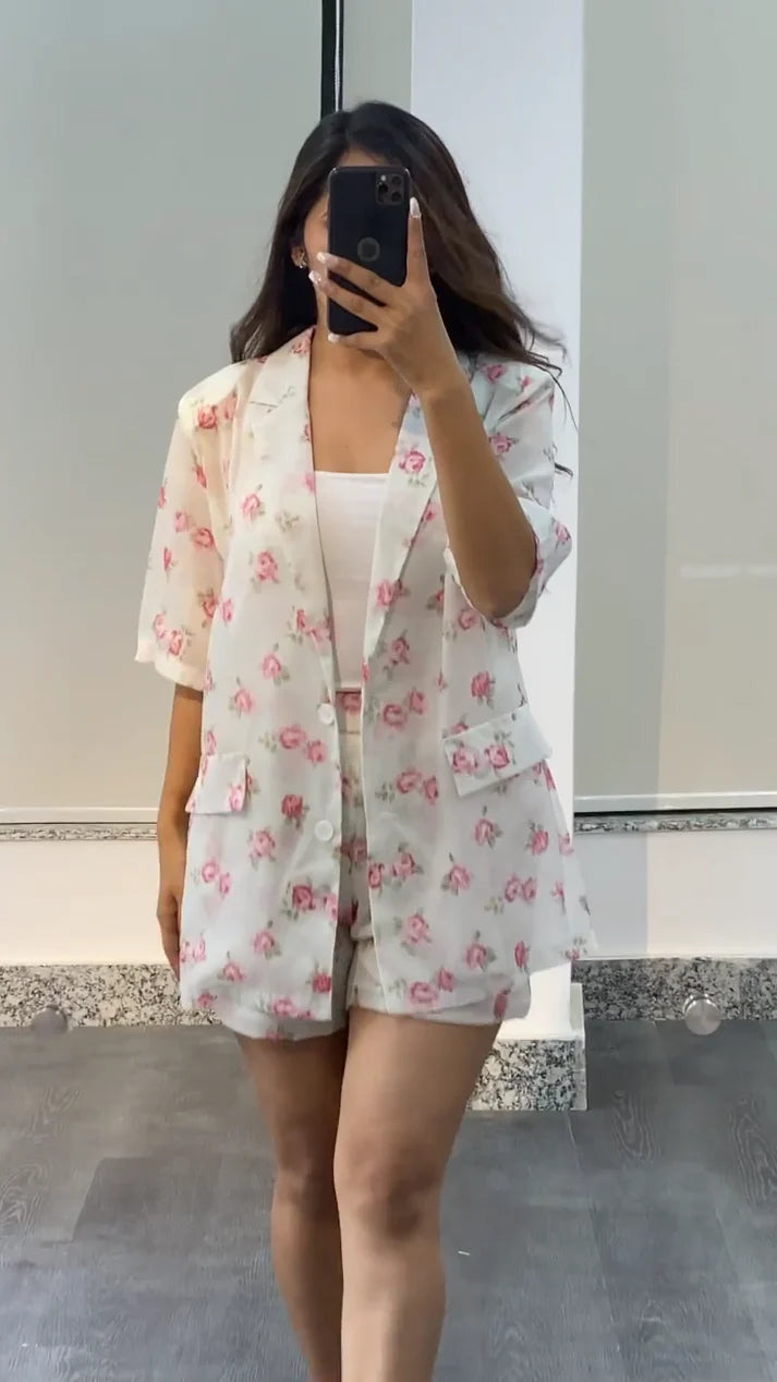 Floral Garden Cotton Co-ord Set | Notched Collar Blazer & High-Waisted Shorts 1