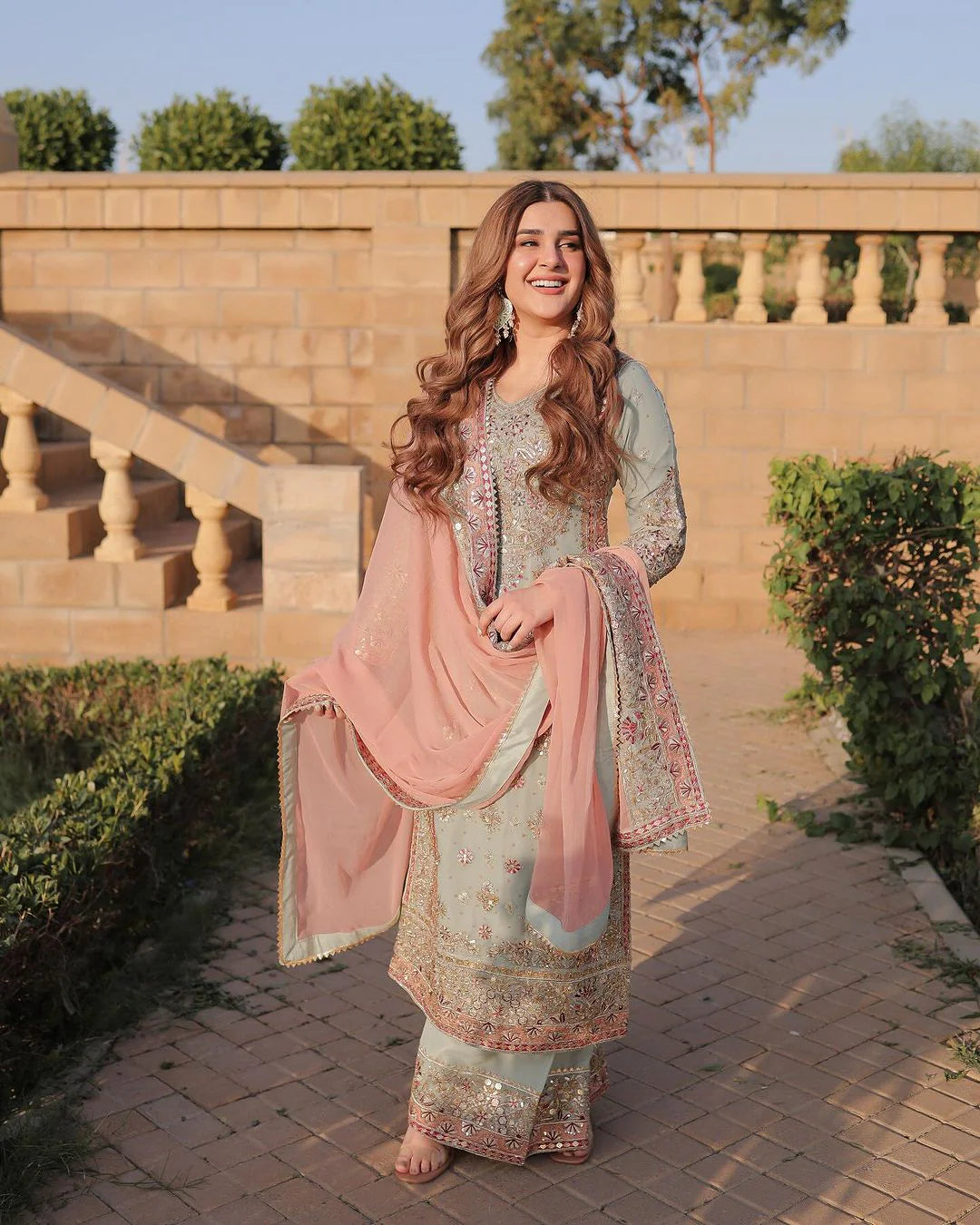 Sky Blue Embroidered Kurti Sharara Set