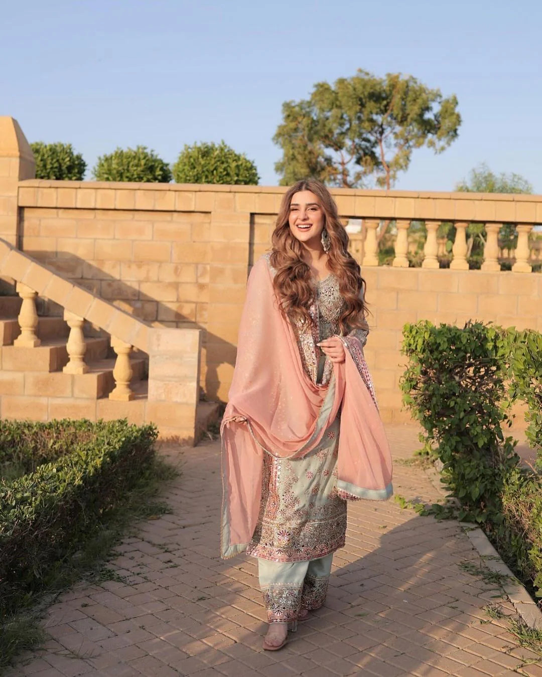 Sky Blue Embroidered Kurti Sharara Set 5