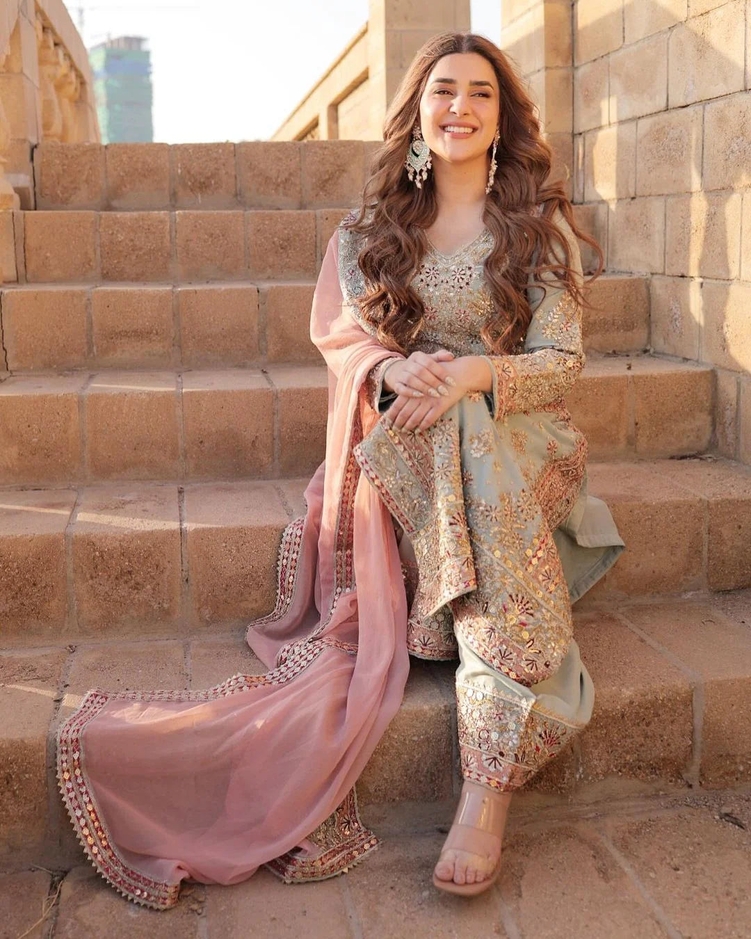 Sky Blue Embroidered Kurti Sharara Set 4