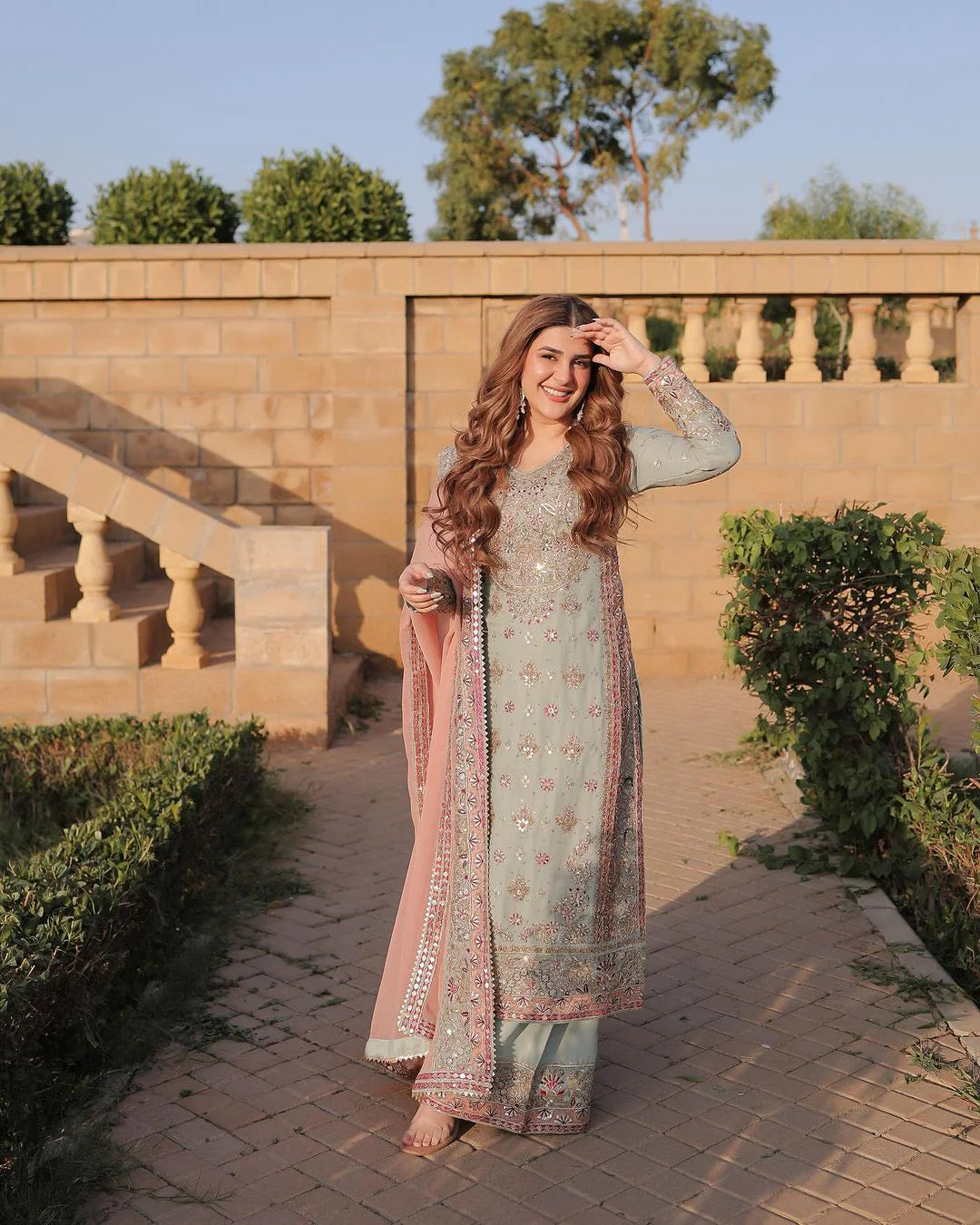 Sky Blue Embroidered Kurti Sharara Set 3
