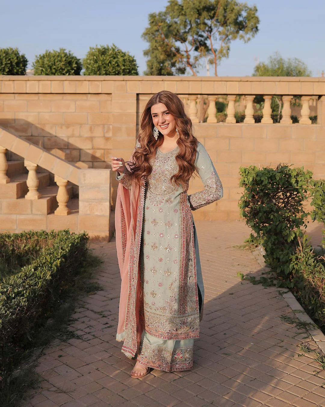 Sky Blue Embroidered Kurti Sharara Set 2